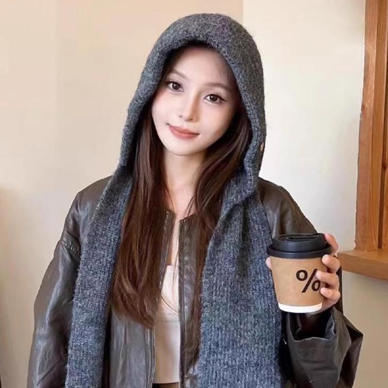 1Pc Solid Color Thicken Hat Cold Protection Integrated Keep Warm Shawl Buckled Knit
