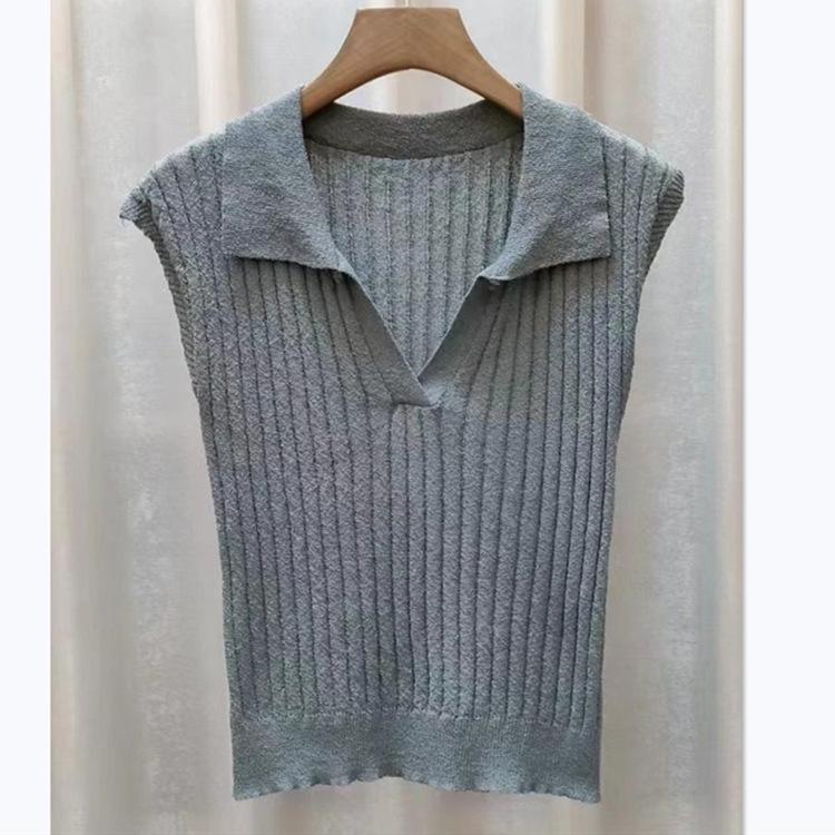 

Temperament Commuter Knit Tops с короткими рукавами Женская летняя ретро-футболка с тонкими лацканами Повседневная базовая модель Комфорт и стиль Приталенные пуловеры Футболки One Size серый