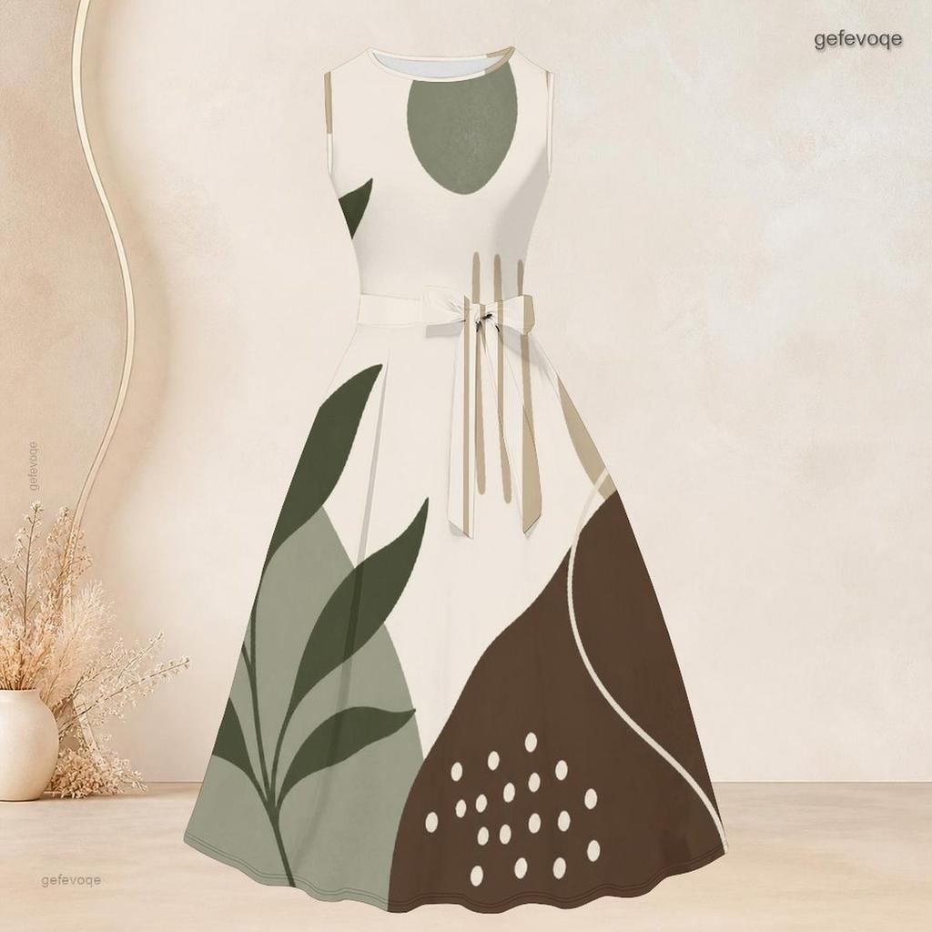 Damski dwuczęściowy zestaw Plus Size z nadrukiem abstrakcyjnej twarzy, kardigan 3/4 z otwartym przodem, bez rękawów, sukienka rozkloszowana z wiązaniem w talii