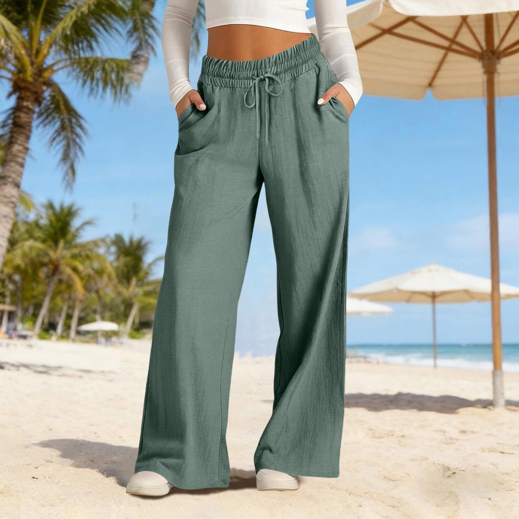Weite Leinenhosen Damen Sommer Locker Strandhosen Für Damen Urlaub Leichte Gerade Hosen Mit Taschen