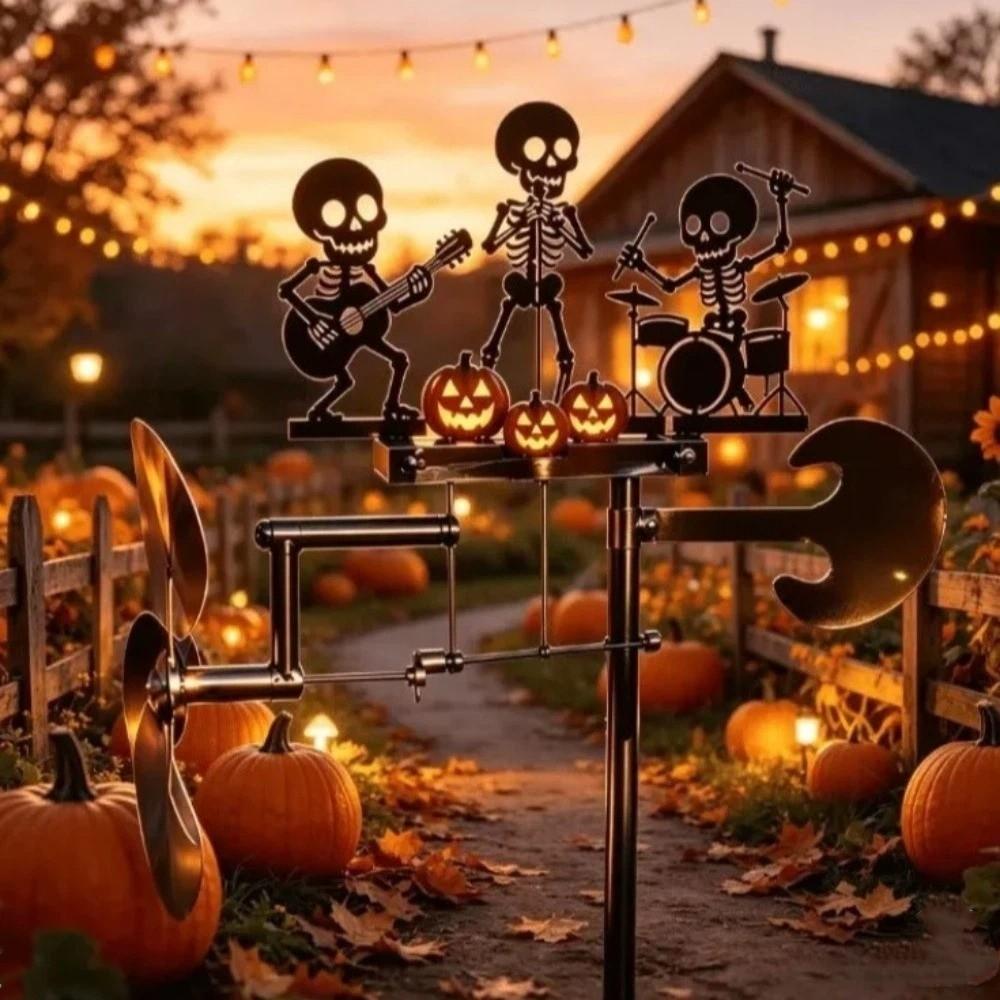 Heavy Duty Rock Trio Skeleton Wind Spinner Wind-Powered Musical Skull Garden Stake Courtyard