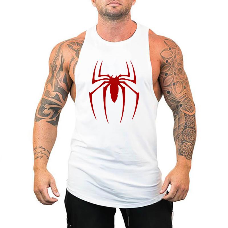 Muscleguys Red Spider Printed Running Vests Mens Gym Tank Tops Cotton Breathable Fitness Sleeveless T-Shirt Bodybuilding Training Clothing