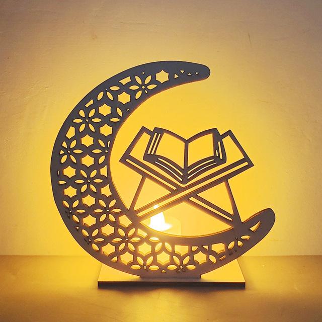 Wooden Moon Star Lights Eid Mubarak Gurbang Muslim Decoration for Home Eid Al Adha Lights