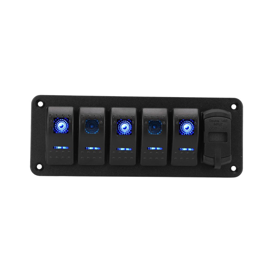 5 Gang Rocker Switch Panel 12V‑24V Dual USB Charger LED Voltage Display ON Off Switch for Truck RV Yacht