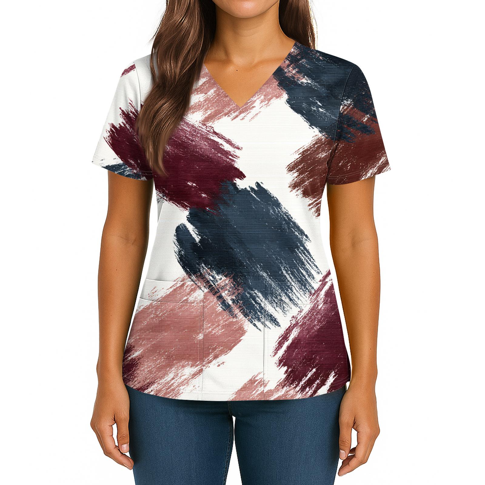 

Женский топ с градиентным принтом, V-образным вырезом, двойным карманом, короткими рукавами, разрезом по низу, униформа для ухода XXXL