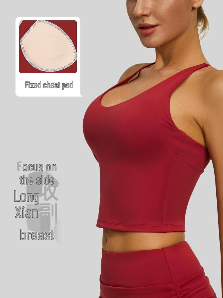 Juyitang Double-Sided Brocade Yoga Tank Top with Fixed Chest Pad - Sleeveless, High Stretch Sports Bra for Women