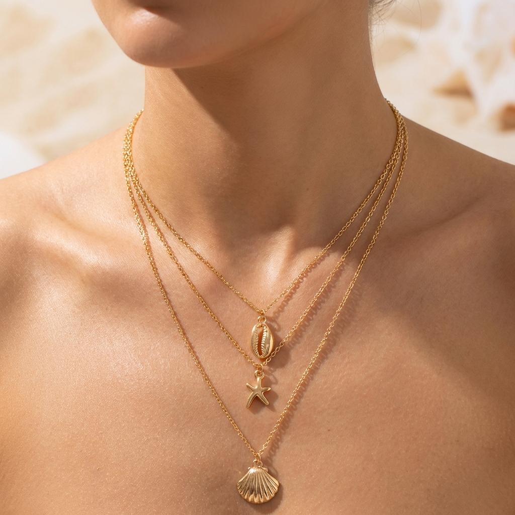 Bohemian Summer Starfish Shell Pearl Pendant Necklace for Women Trendy Gold Color Layered Chain Choker Beach Party Jewelry Gifts