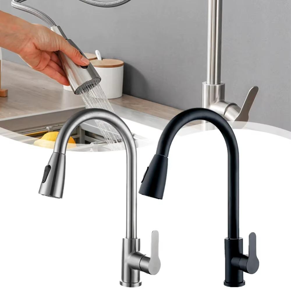 Pull Out Kitchen Faucets 360° Rotating Stainless Steel Kitchen Sink Tap Splash-proof Dual Water Outlet Mode Hot Cold Taps