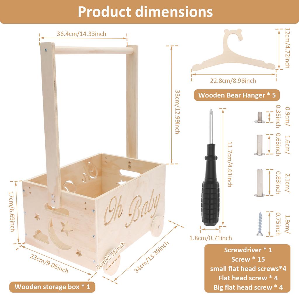 Baby Shower Basket Wood Storage Crate Baby Toys Clothing Organizer Box with Wheel and Hanger Baby Products for Home Bathroom