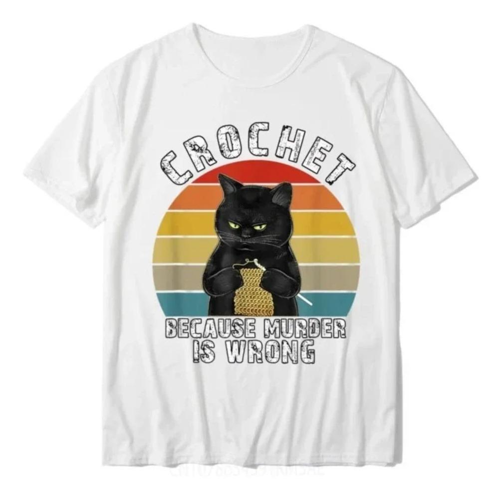 

Funny Cat Vintage Cartoon T-Shirt Crochet Because Murder Is Wrong Printed T Shirt Hot Sale Casual Fashion Streetwear Man Tees XXXXXL белый