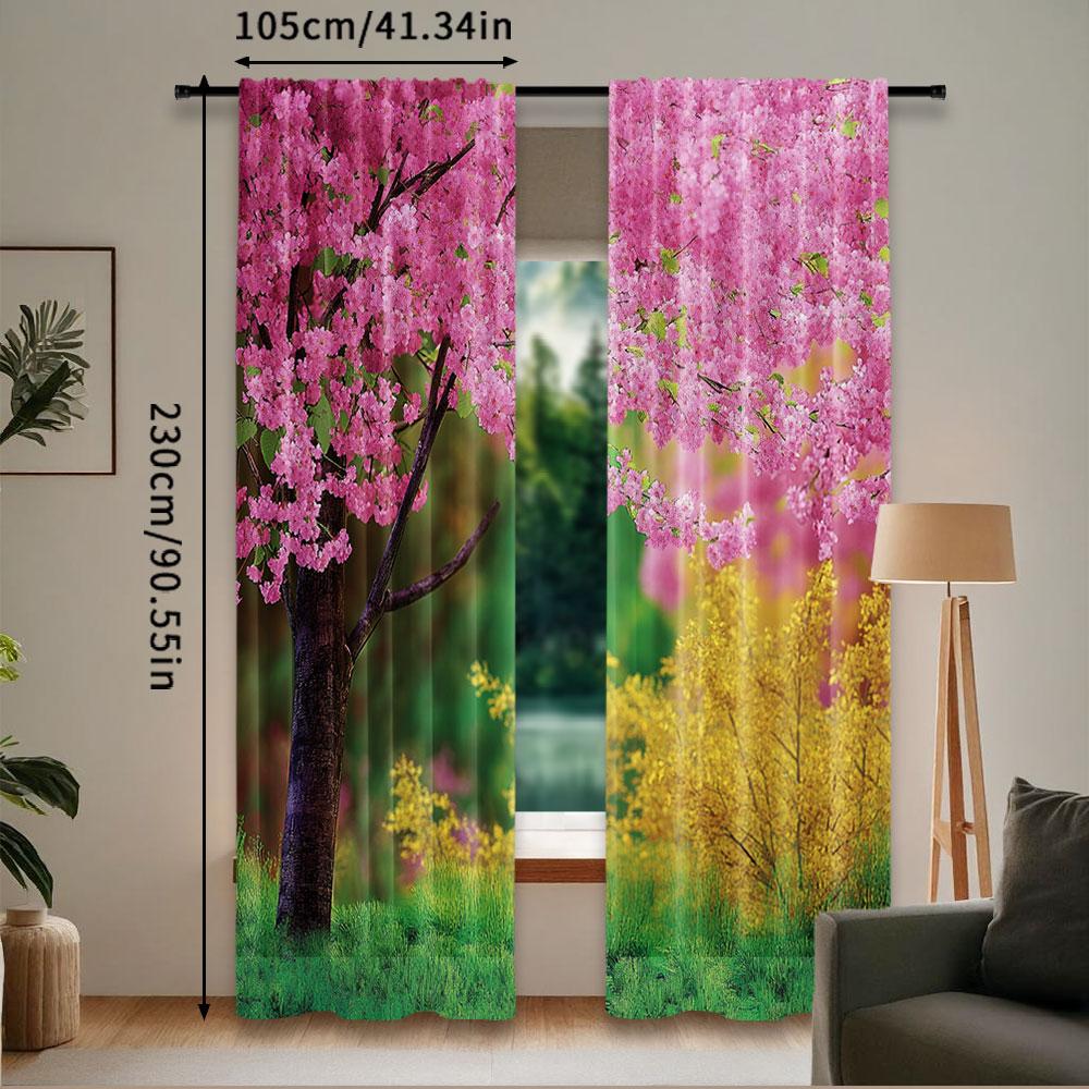 2Pcs Japanese Curtains Sakura Flowers Trees In Spring Garden Landscape Floral Pink Blossom Pattern Living Room Bedroom Window