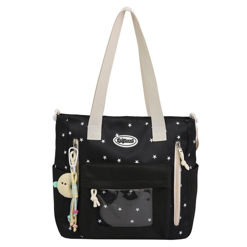 Durable Nylon College Backpack With Star Print Design And Transparent Layer For Students Shoulder Black