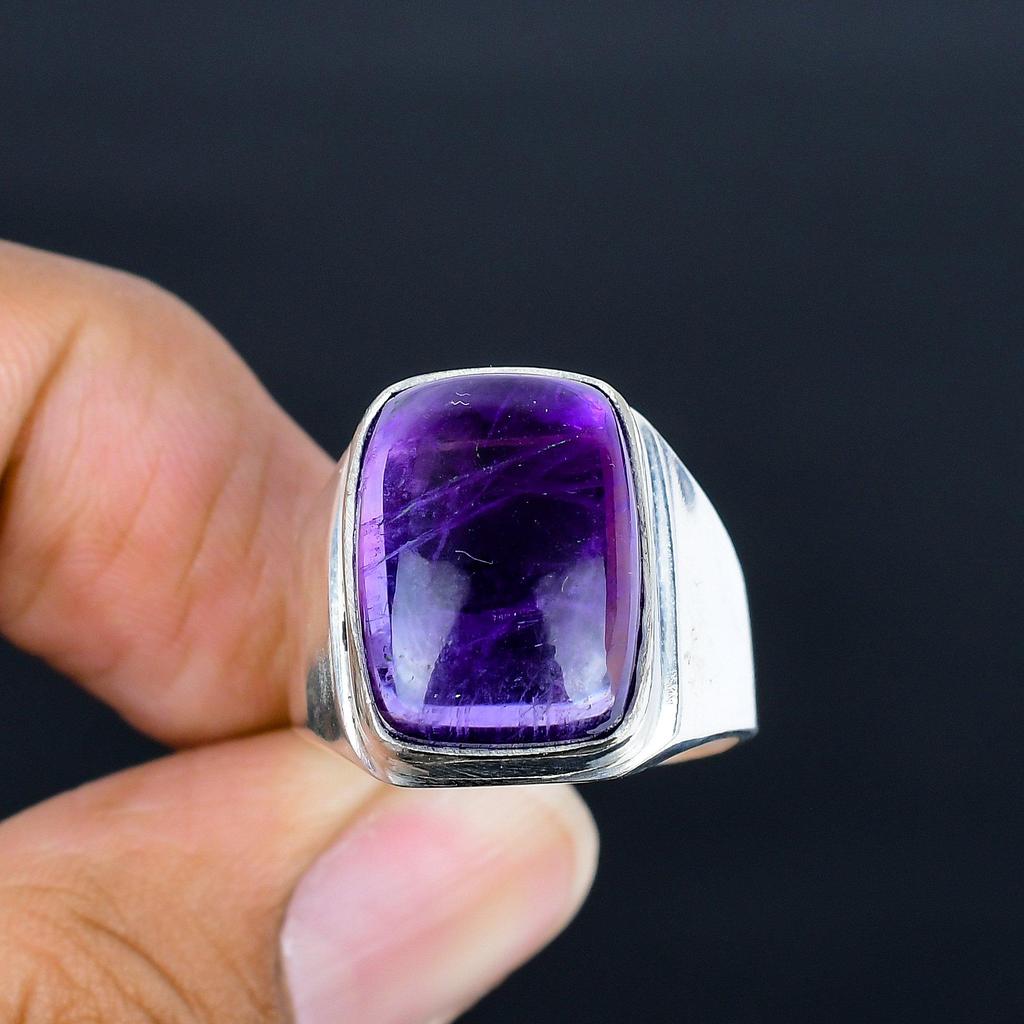 Amethyst Gemstone Silver Men's Ring | 925 Sterling Sliver | Cushion Shape Gemstone | Silver Jewelry | Silver Ring Gift for Him, Men's Ring