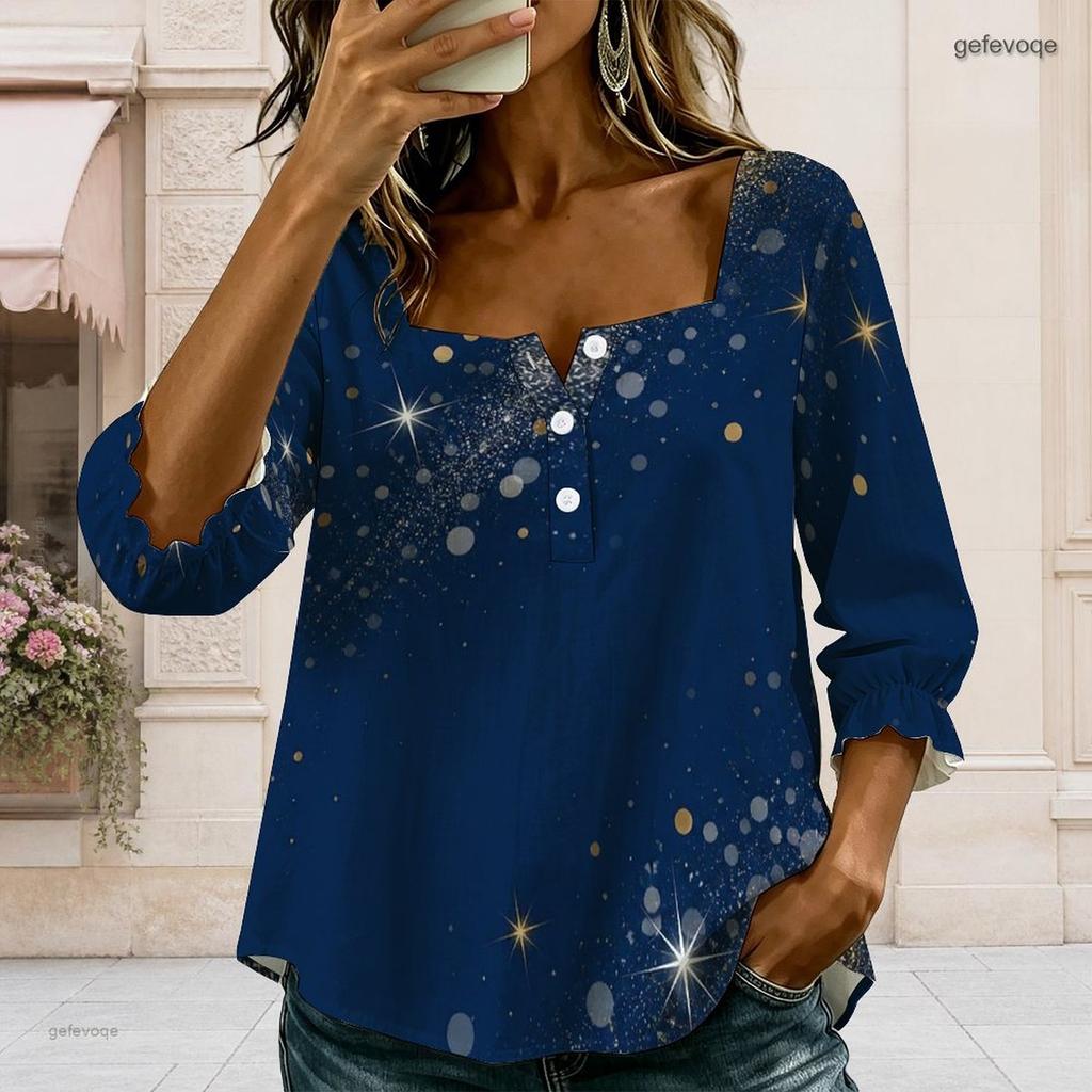 Womens Plus Size Square Neck Long Sleeve Front Button Soft Elegant Loose Versatile Casual Daily Ladies Blouse