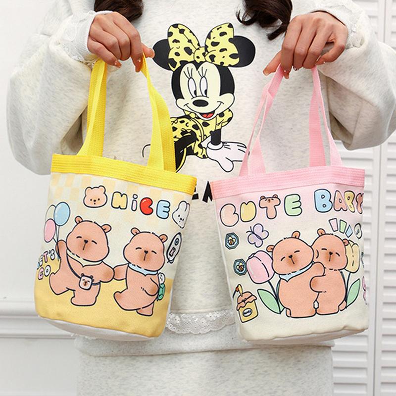 1Pc Large Capacity Capybara Canvas Bags Cartoon Patterns Lightweight Student Document Bag Shopping Bag Cute Casual Handbag