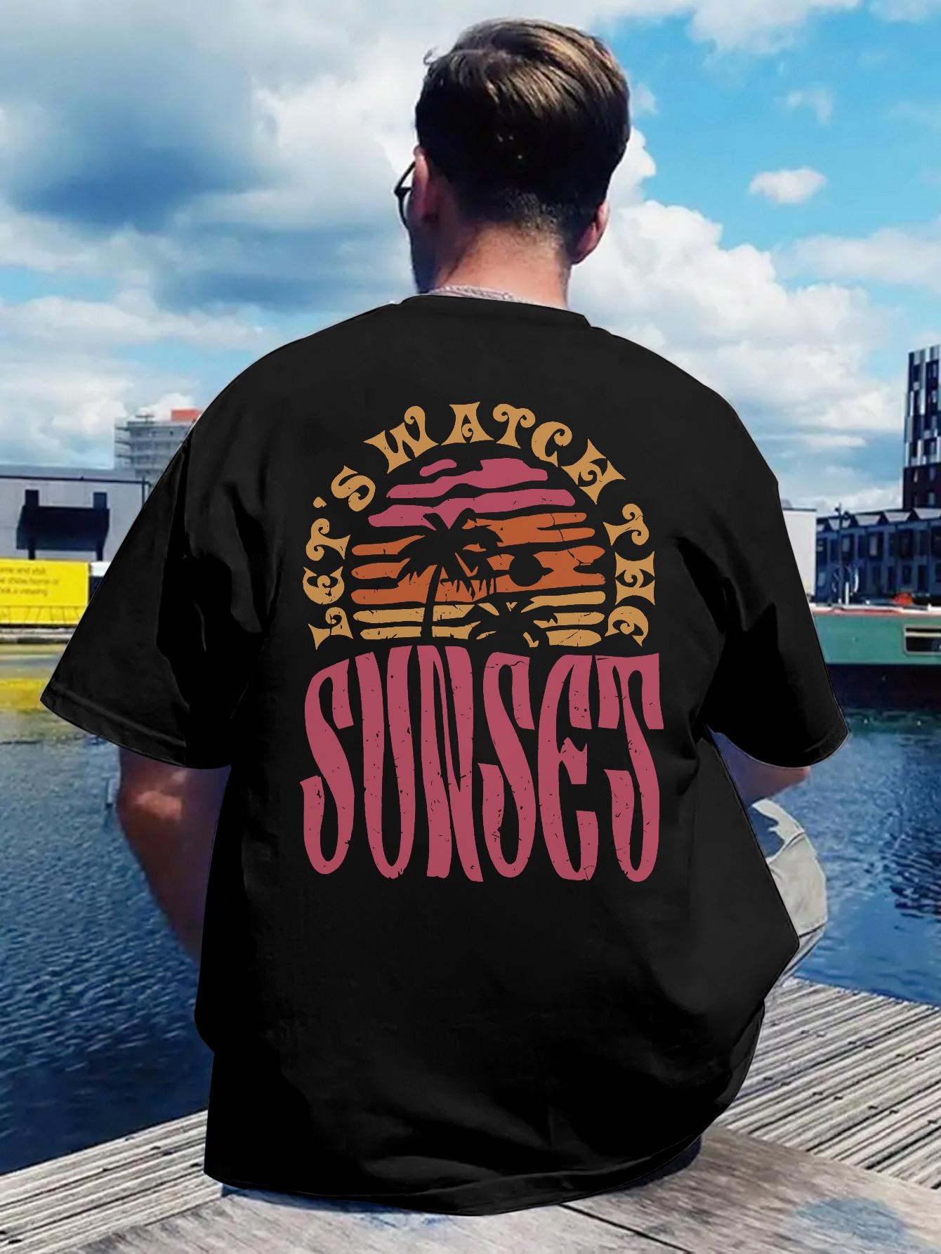 Black Graphic T-shirt - Tropical Beach Vacation Tee with LET s WATCH THE SUNSETS Back Print XXXXL