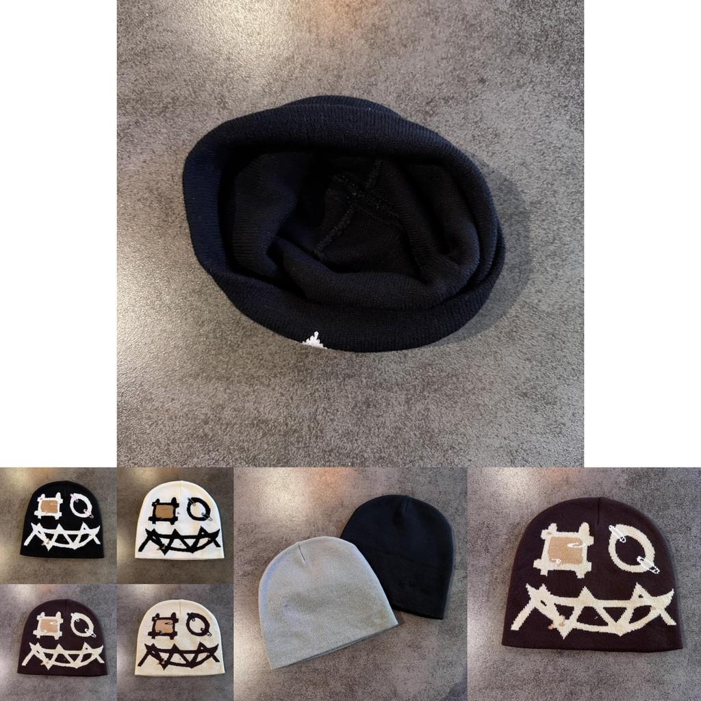Knit Beanie With Demon Face Embroidery For Halloween And Winter Warmth