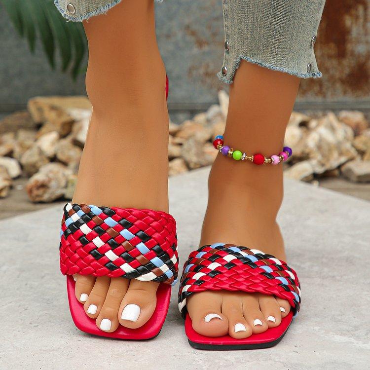 Fashion Women Slippers Summer Fashion Beach Mules Casual Indoor Home Slippers Selling Sexy Braided Square Toe Flat Sandals Slides Women