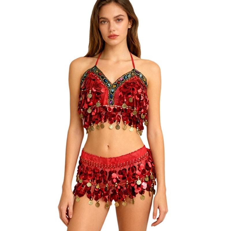 Professional Belly Dance Costume Set Sequins Bra and Hip Scarf for Stage Performances ractical Polyester Fabric Outfit