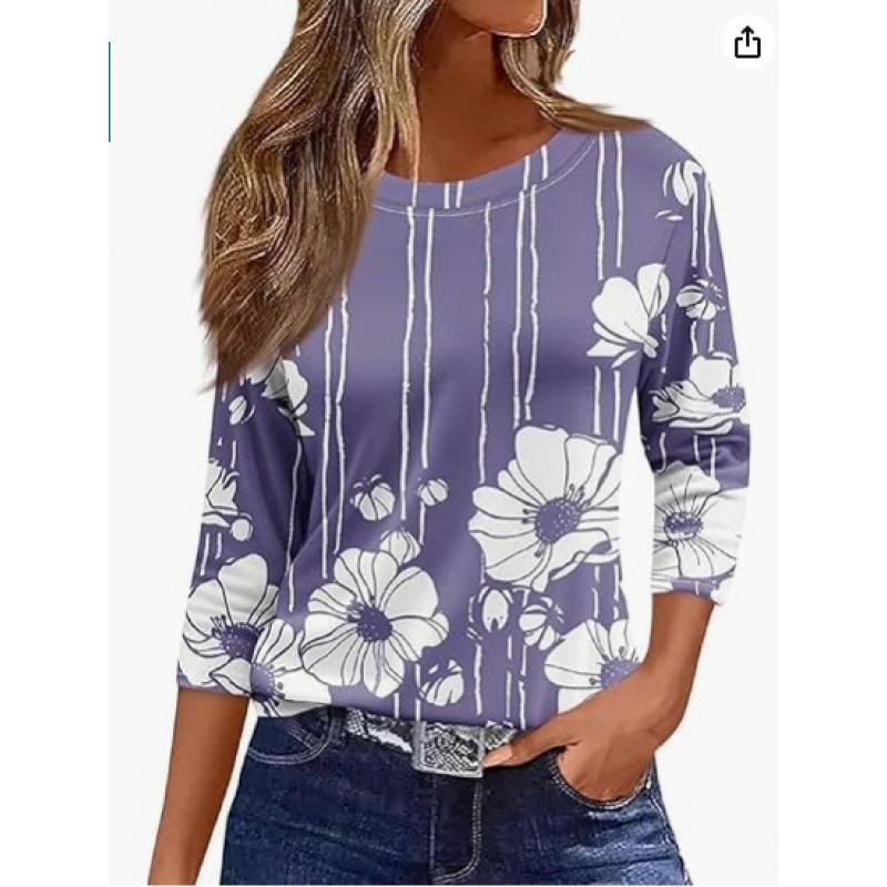Spring and Summer New Women's Slim Fit Imitation Cotton Round Neck Printed Solid Color Three-quarter Sleeve Long Sleeve