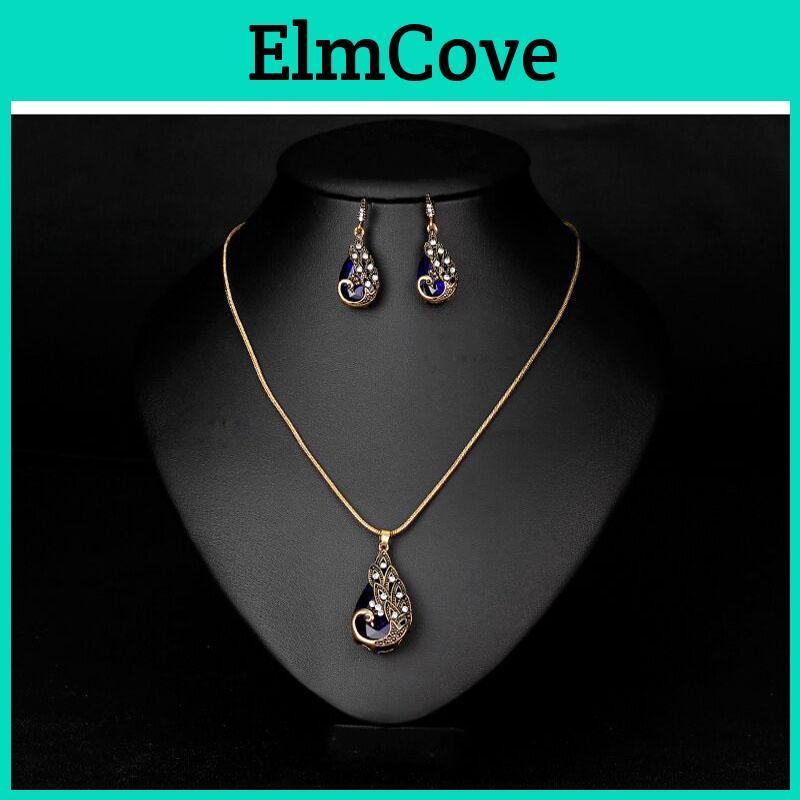 Exquisite Waterdrop Blue Zircon Peacock Pendant Necklace And Earring Set For Christmas Gifts