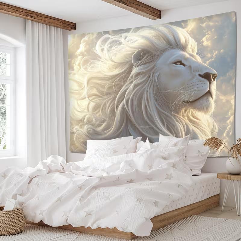 2D Majestic Lion Head Tapestry, Fantasy White Lion with Flowing Mane Wall Art for Home Decor