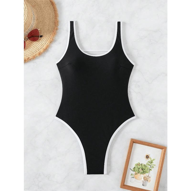 European and American New Women's Simple Contrasting Colors, Slim Body Covering Belly and Thin Bikini One-piece Competitive Swimsuit Women