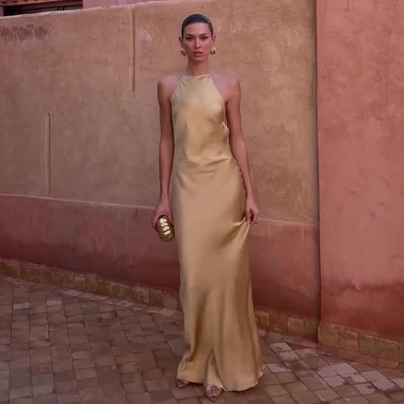 2026 Womens Backless Slim Fit Sleeveless Elegant Long Dress Pure Color Formal Gown XS