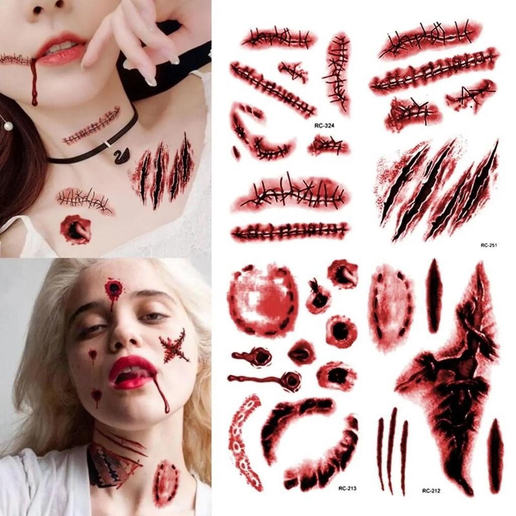Halloween Waterproof Temporary Tattoo Stickers Sexy Bloody Makeup Zombie Scar Tattoo Decoration Wound Horror Blood Sticker