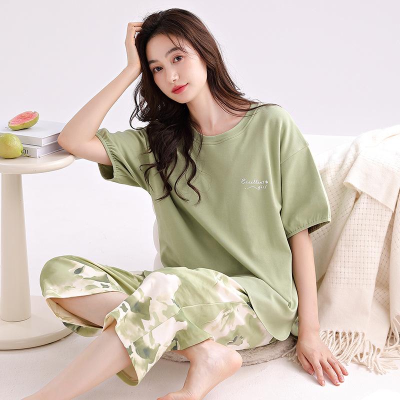 Women's summer pajamas with chest pads, pure cotton short-sleeved cropped pants pullover, new pure cotton women's loungewear set