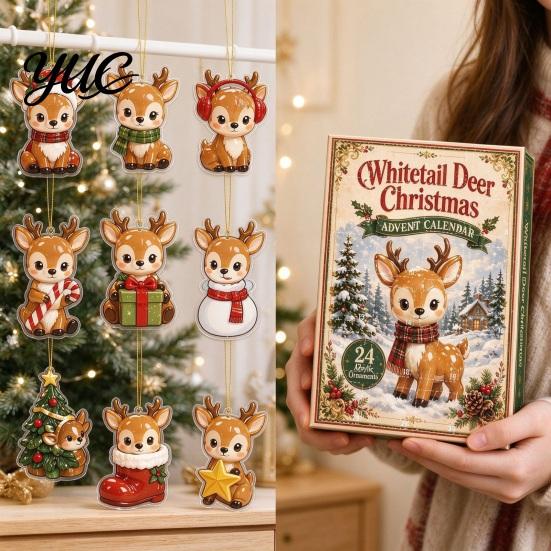 Cute Forest Animal Hanging Ornaments 2D Whitetail Deer Christmas Advent Calendar, 24-Day Countdown Calendar with 24 Unique Theme Tree Decor Ornaments,