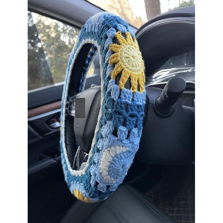 Handmade Crochet Sun and Moon Car Steering Wheel Covers Universal 14-15 inch for Women and Men (Steering Wheel Cover)
