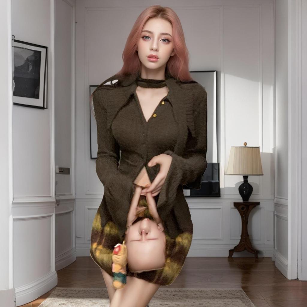 2024 Women's Plaid Cardigan and Hip-Wrapping Skirt Set - Long-Sleeve, Autumn/Winter