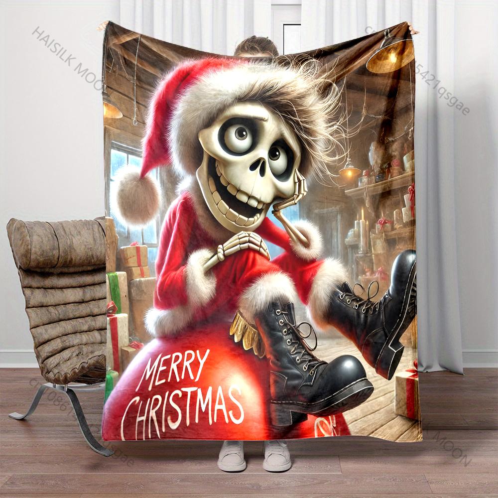 

Festive Christmas Skeleton Design Pattern Blanket Flannel Material Soft Warm for All Seasons Home Outdoor Camping Picnics RV 75x90cm