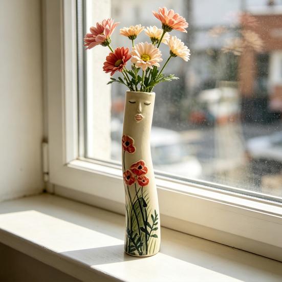Handmade Face Bud Vase Bohemian Girls Face Ceramic Vase Cute Hand Painted Character Flower Plant Holder for Bathroom Living Room Shelf Home Decor