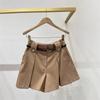 2026 Early Spring Women's French Pleated Khaki High-Waist Shorts with Belt Decor.