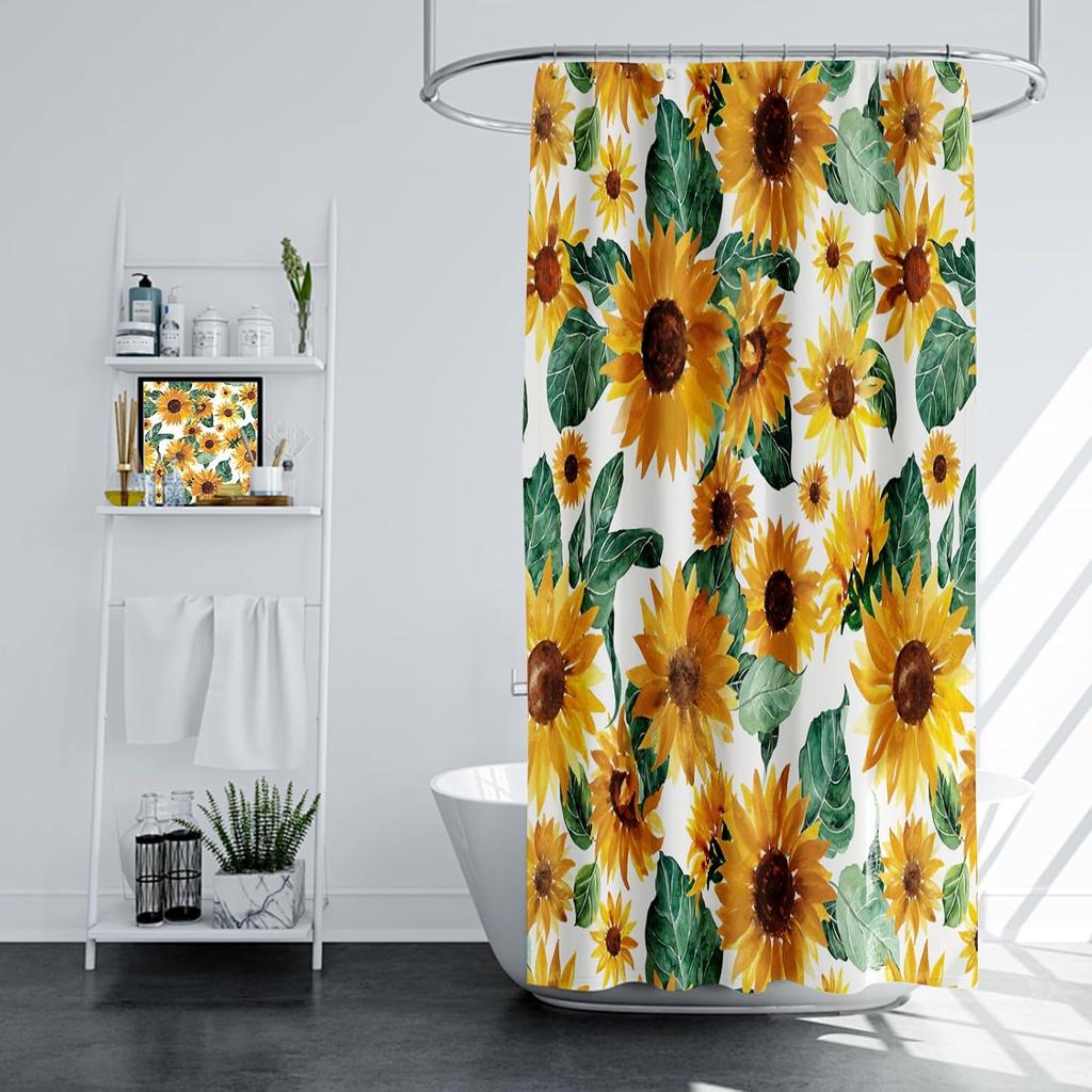 Sonnenblumen Duschvorhang - Aquarell Sonnenblume & Grüne Blätter Bauernhaus Badezimmerdeko, Rustikal Floral