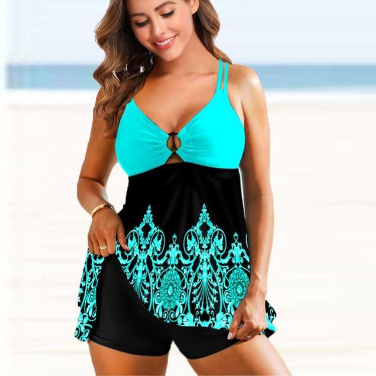 Donna Taglie Forti Sexy Due Pezzi Stampato Tankini Swimdress Bikini Set Costumi da Bagno