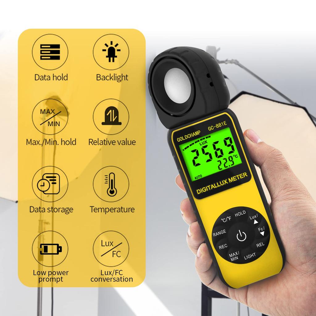 GOLDCHAMP Termometro Misuratore di Luce Digitale Integrato Misurazione Luce con Display Retroilluminato per Luce LED Registrazione Dati di Misura Rotante Adatto per