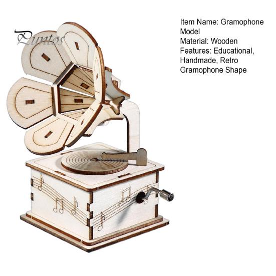 1 Sada DIY Retro Gramofon Model Kit Ručně vyráběné Dřevěné Puzzle Ručně poháněný Fonograf Stavebnice Řemesla Gramofon STEM Projekt Dětská Vzdělávací Hračka