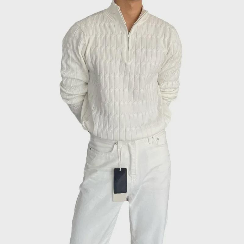 Men's Trendy Cable Knit Zipper Sweater: Loose Fit Half Turtleneck Pullover for Autumn and Winter