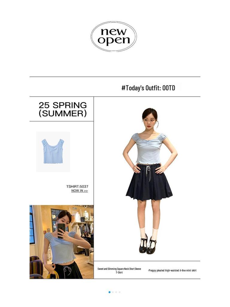 Interpret Beauty Summer 2025 Preppy Pleated A-line Midi Skirt with Drawstring Waist (S5108)