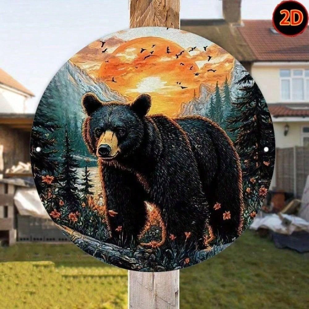 Retro Metal Wall Art Bear Forest Sunset Decor
