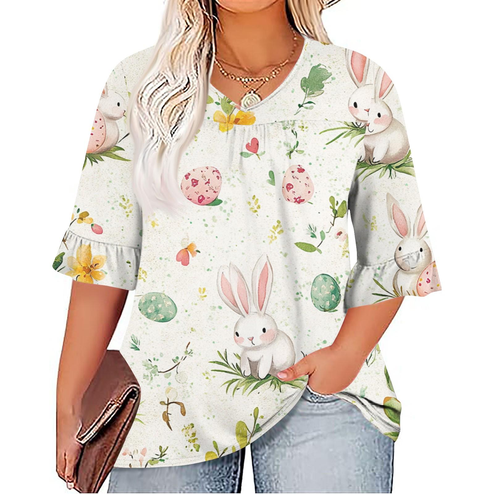 Women s Fashion Casual Easter Printed V-Neck Seven Minute Sleeve Ruffle Sleeve T-Shirt Tops Plus Size Women s XXL бежевый
