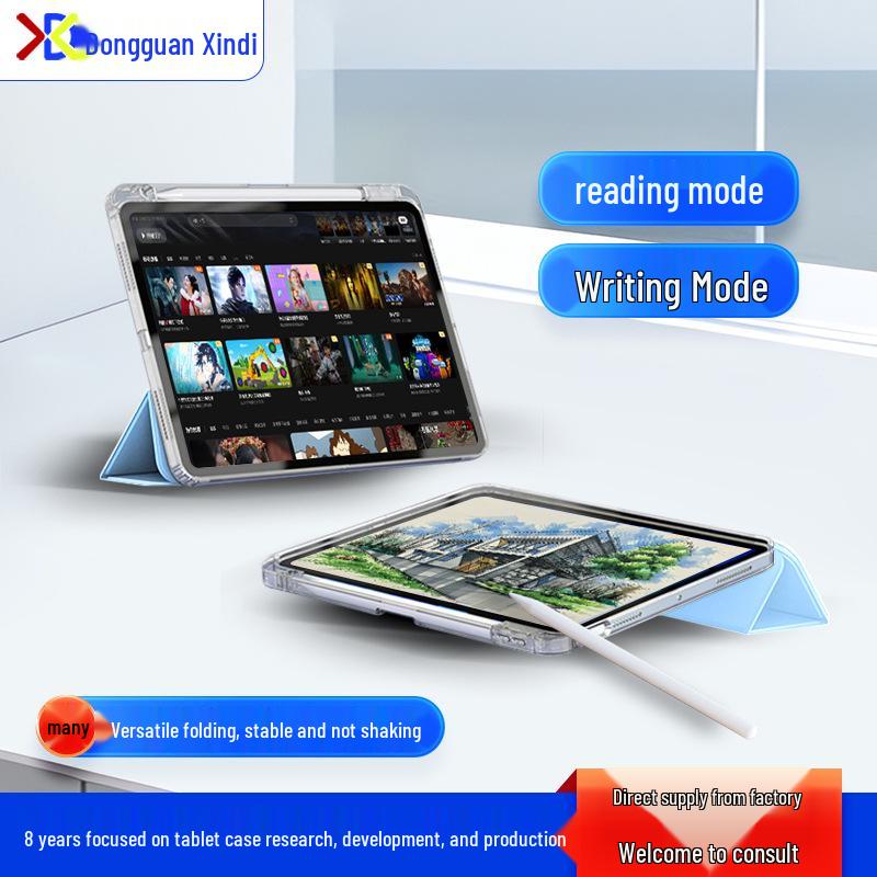 iPad Protective Case: Three-Fold Stand, Flip Cover with High Transparency, Anti-Drop Protection, and Pen Slot Design.