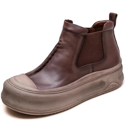 GKTINOO 2025 Autumn New Genuine Leather Flat Platform Shoes Versatile Round Toe Comfortable Thick Soled Women's Ankle Boots