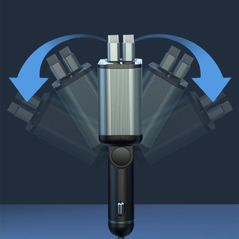 65W Car Phone Charger with Double Type C & USB Port Retractable Cables & LED Electric Display Aluminum PC ABS for Vehicle