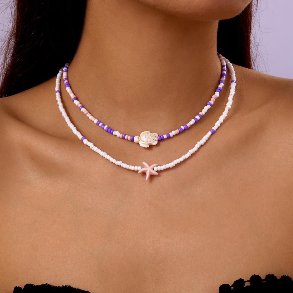 Bohemian Mixed Color Rice Beads Starfish Pendant Necklace for Women Double Turtle Chain Clavicle Necklace Summer Travel Jewelry