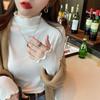 German Velvet Ladies' Half-High Collar Knit T-Shirt with Wood Ear Edge - Solid Color Long-Sleeve for Spring, Autumn, and Winter 2024.