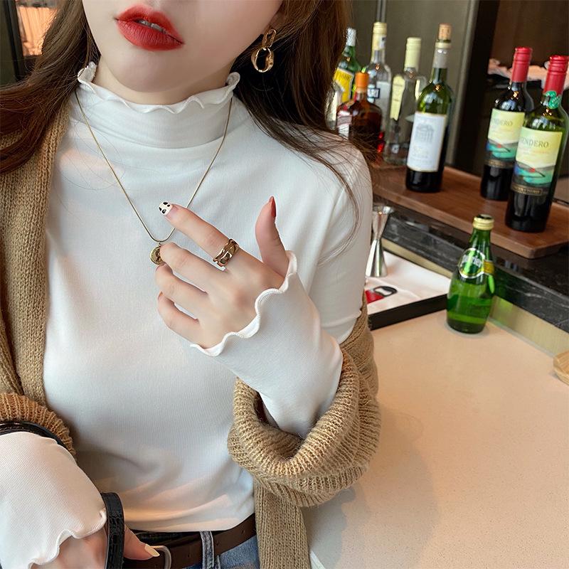 German Velvet Ladies' Half-High Collar Knit T-Shirt with Wood Ear Edge - Solid Color Long-Sleeve for Spring, Autumn, and Winter 2024.